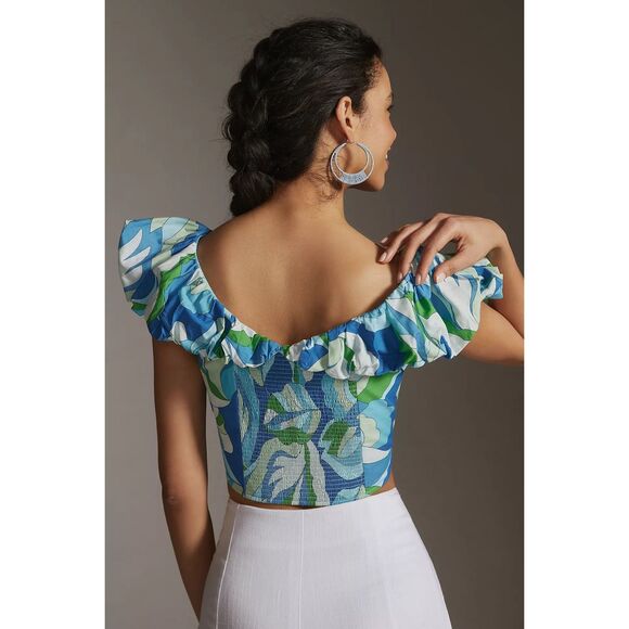 Maeve by Anthropologie Puff-Sleeve Cropped Blouse Tropical Floral Ruffle Sz  M B - Picture 2 of 13